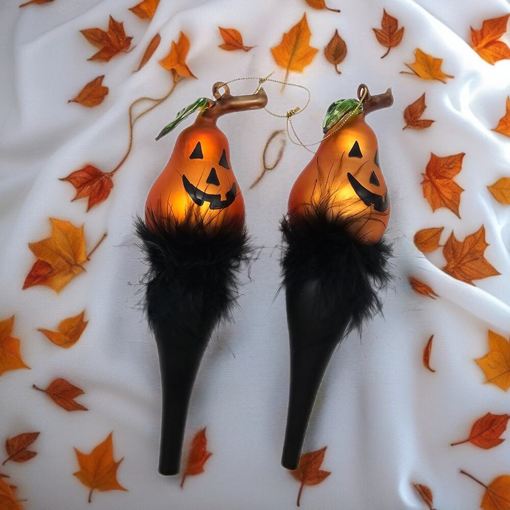 Halloween Glass Pumpkin Ornaments Feather Trim Spooky Chic Decor